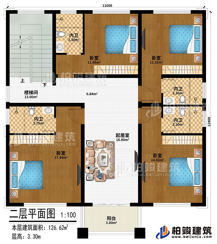 二层:起居室、楼梯间、4卧室、4内卫、阳台
