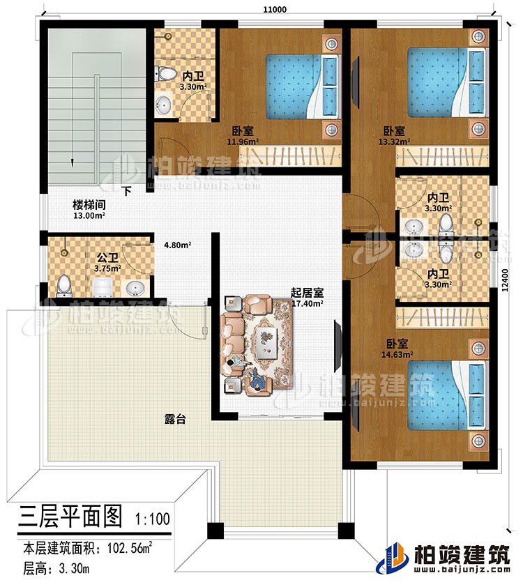 三层:起居室、楼梯间、3卧室、3内卫、公卫、露台