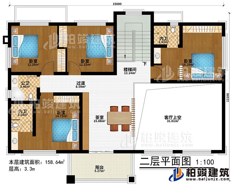 二层:楼梯间、茶室、客厅上空、4卧室、过道、公卫、2内卫、阳台