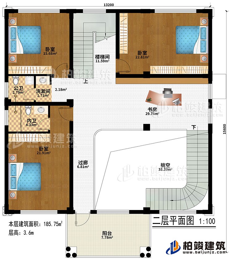 二层:挑空、过道、书房、楼梯间、3卧室、洗漱间、公卫、内卫、阳台