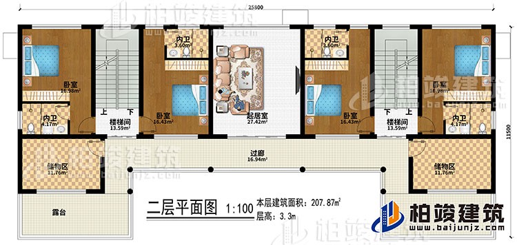 二层:起居室、2楼梯间、4卧室、4内卫、2储物间、过廊、2露台